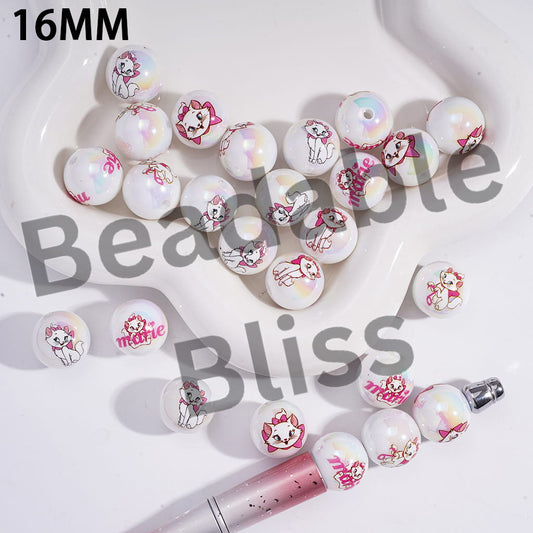 Acrylic Beads for Bracelets UV Coating Beautiful Cat Character, 16MM, Random Mix