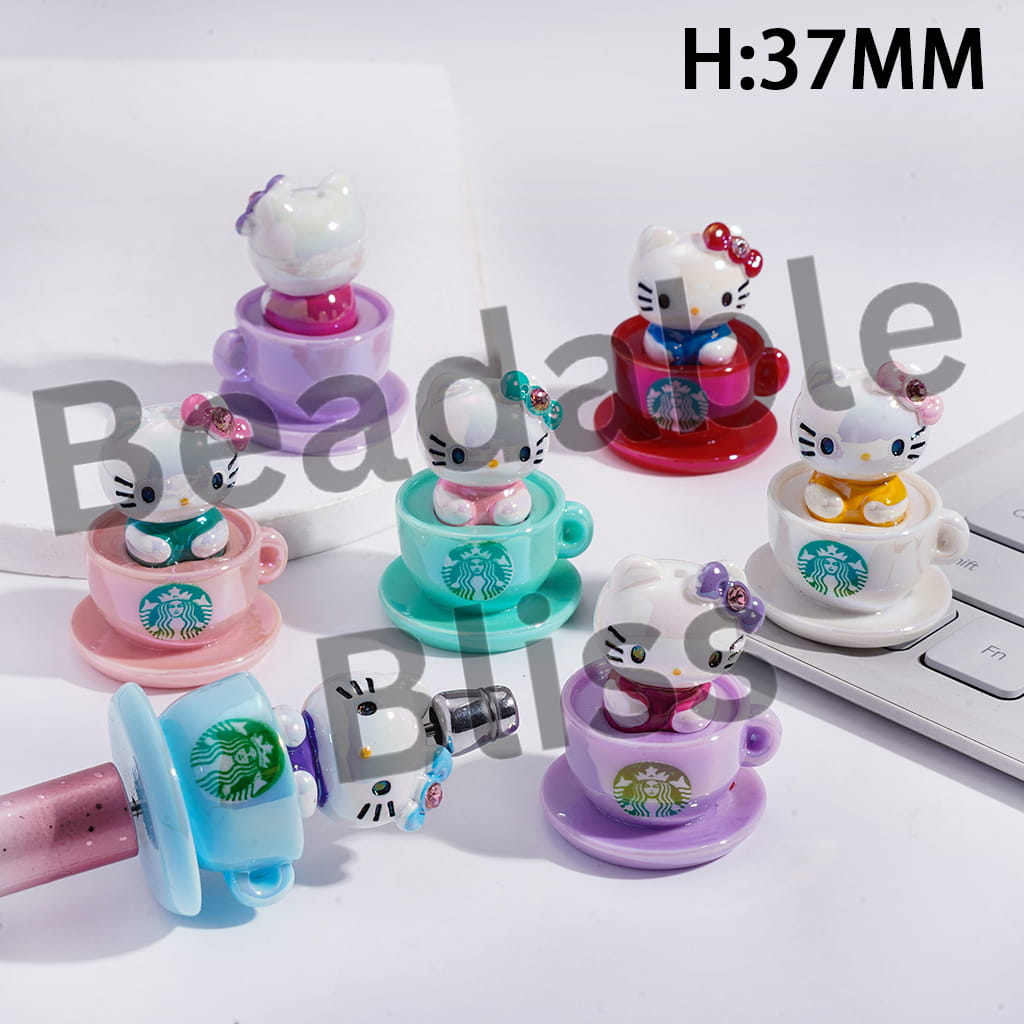 Acrylic Beads UV Coating Cute Cat Character Wearing Bowknot with Rhinestone and Sitting Coffee Cup, Height 37MM, Random Mix