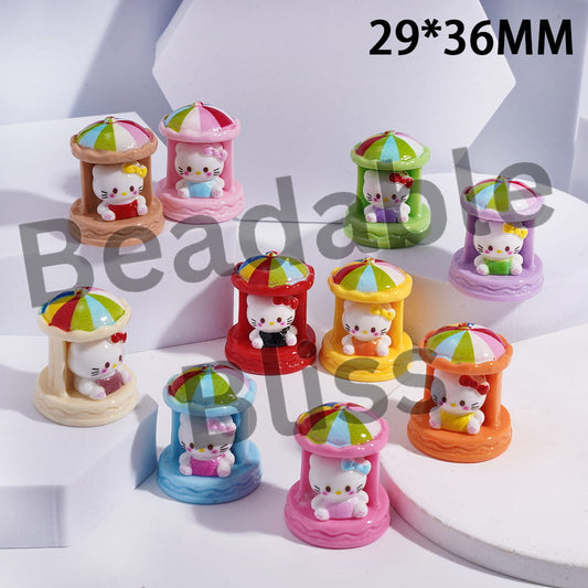 Acrylic Beads Cute Cat Character Sitting in Rotating Pavilion, 29*36MM, Random Mix