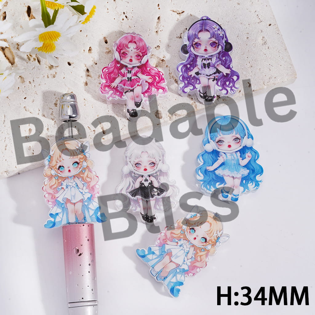 Acrylic Beads Beautiful Baby Girl Character Listening to Music, Height 34MM, Random Mix
