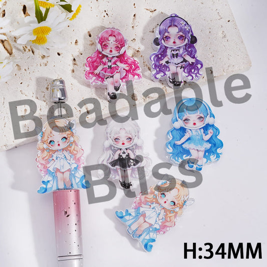 Acrylic Beads Beautiful Baby Girl Character Listening to Music, Height 34MM, Random Mix