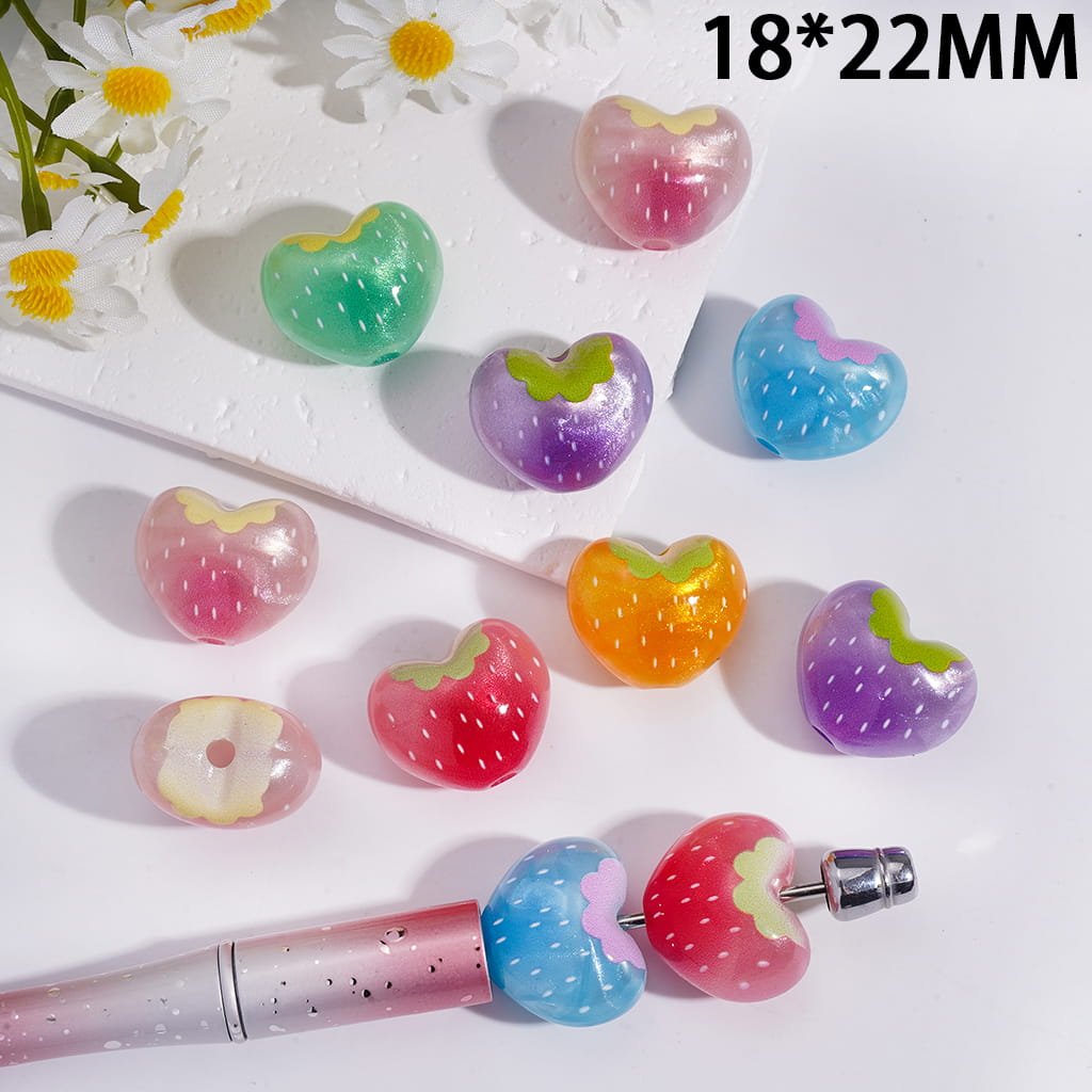 Acrylic Beads Heart Shaped Strawberry in Various Colors, 18*22MM, Random Mix