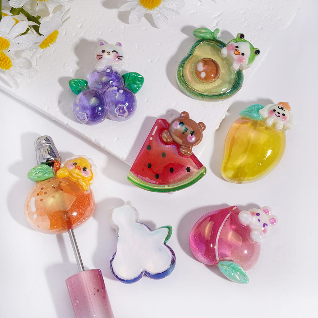 Acrylic Beads UV Coating Fruit Theme with Cute Animal, Random Mix