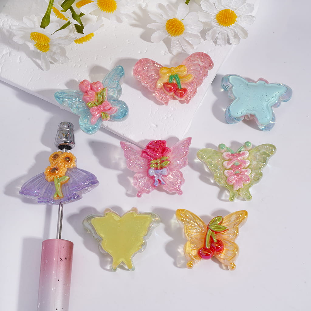 Acrylic Beads Glitter Butterfly with Flowers Cherry Bowknot, Random Mix