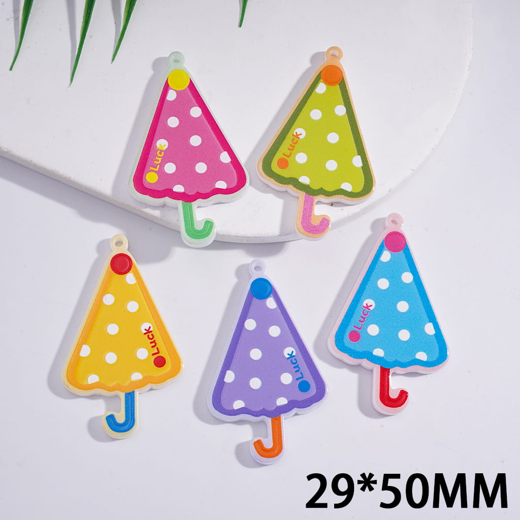 Acrylic Pendants Umbrella with White Polka Dots and Text "Luck", 29*50MM, Random Mix