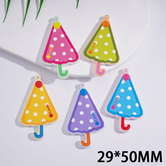 Acrylic Pendants Umbrella with White Polka Dots and Text "Luck", 29*50MM, Random Mix