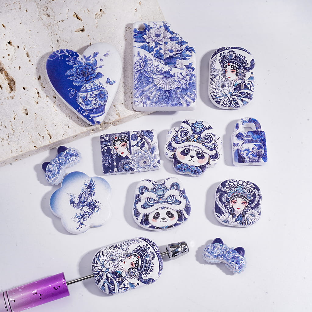 Acrylic Beads Pendants Chinese Culture Theme, Blue White Series, Random Mix