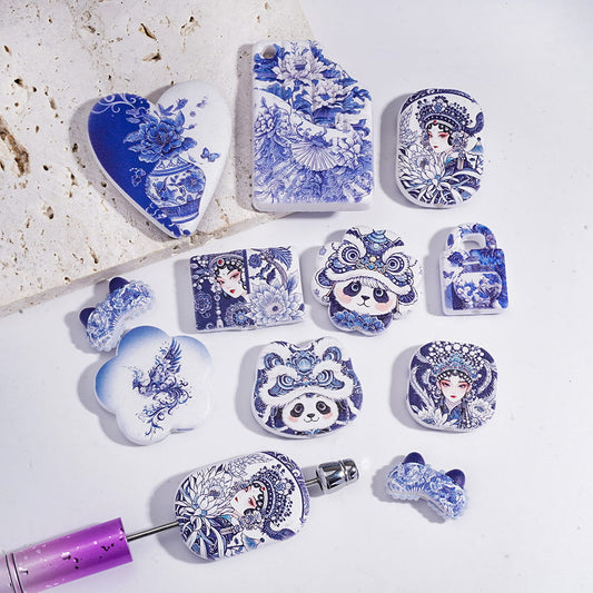 Acrylic Beads Pendants Chinese Culture Theme, Blue White Series, Random Mix