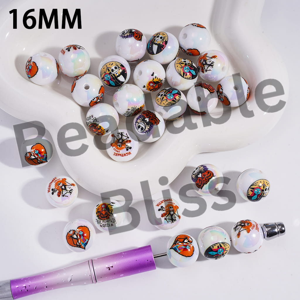 Acrylic Beads for Bracelets UV Coating with Halloween Skeleton couple Prints, 16MM, Random Mix