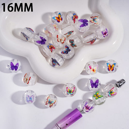 Acrylic Beads for Bracelets Two Butterfly Embedded Inside Bead, 16MM, Translucent, Random Mix