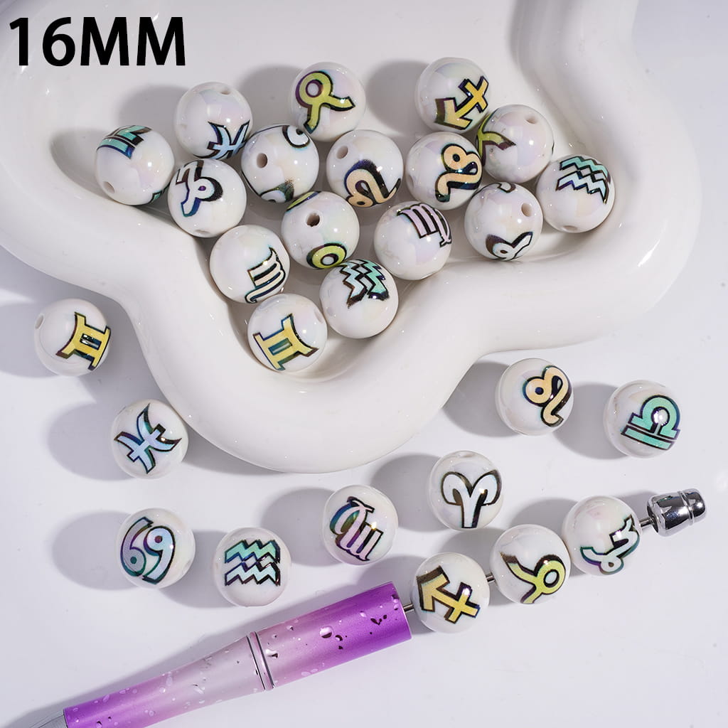 Acrylic Beads for Bracelets UV Coating with Twelve Constellations Series Prints, 16MM, Random Mix