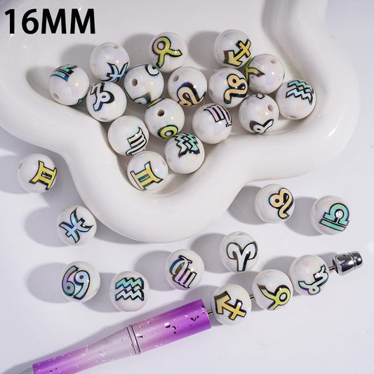Acrylic Beads for Bracelets UV Coating with Twelve Constellations Series Prints, 16MM, Random Mix
