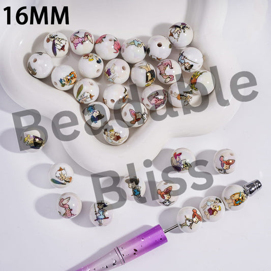 Acrylic Beads for Bracelets UV Coating with the Stone Age Family Neighbor in Funny Style Prints, 16MM, Random Mix