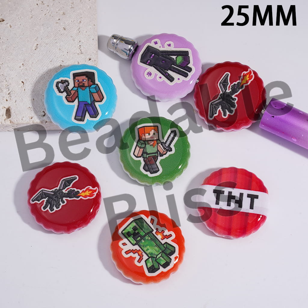 Acrylic Beads with Sandbox Game Prints, 25MM, Wavy-Edged Flat Round Shape, Random Mix
