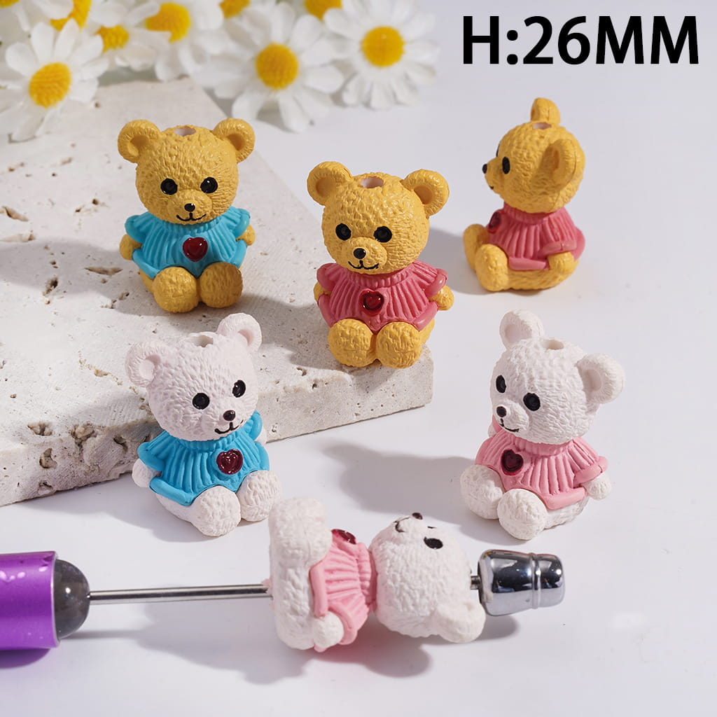 Acrylic Beads Smiling Bear Wearing Sweater with Red Heart and Sitting Gesture, Height 26MM, Small Size, Random Mix