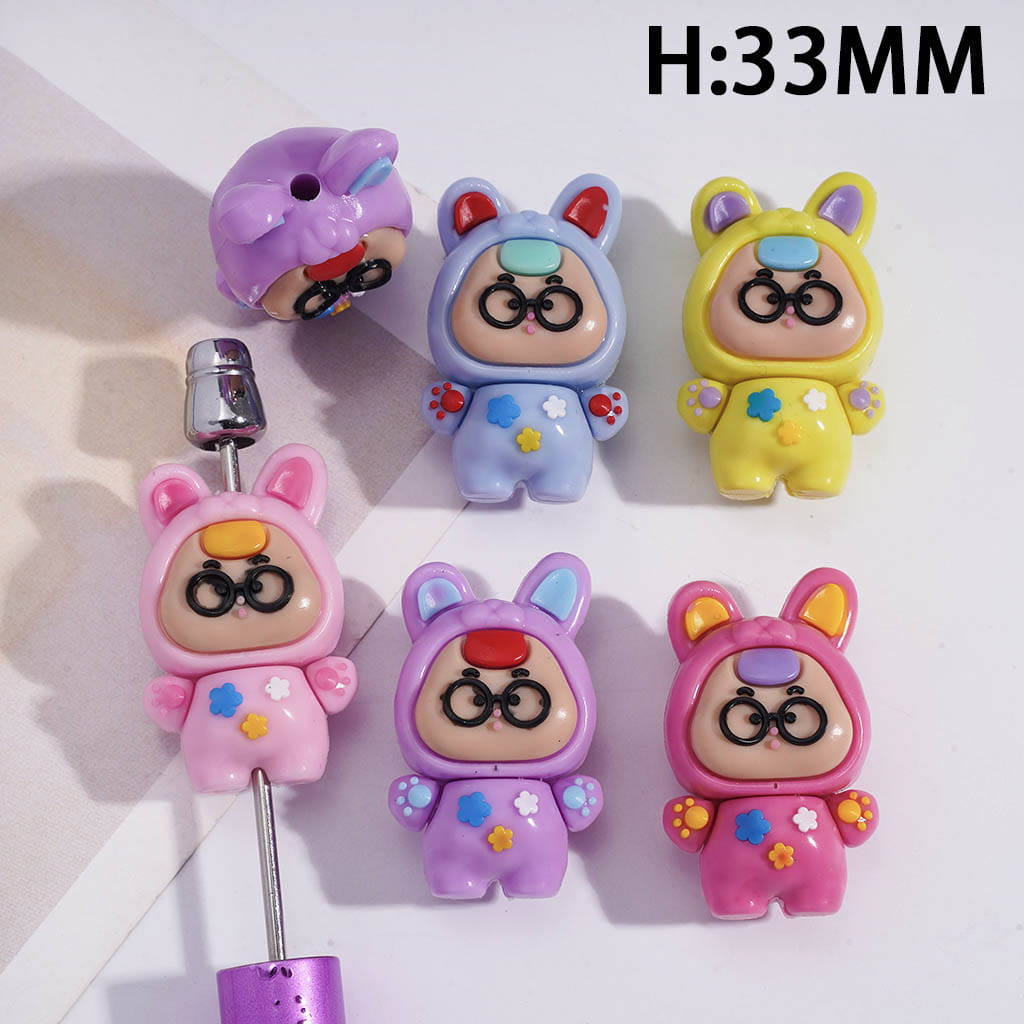 Soft PVC Beads Lovely Baby with Bunny Costume and Black Glasses, Height 33MM, Multi-Color, Random Mix