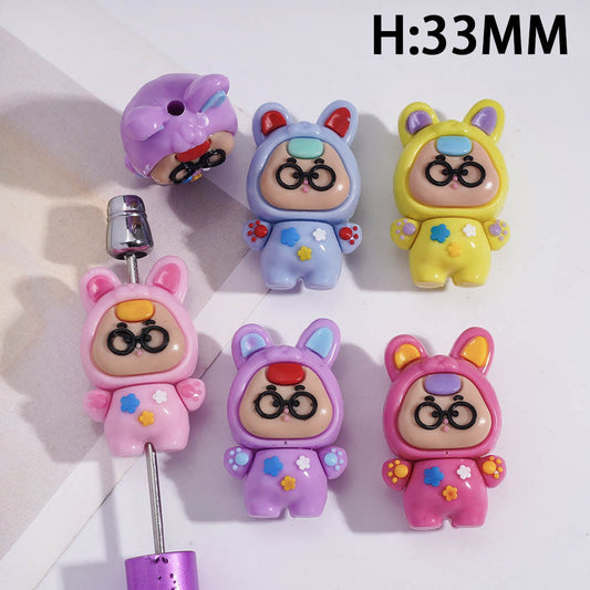 Soft PVC Beads Lovely Baby with Bunny Costume and Black Glasses, Height 33MM, Multi-Color, Random Mix