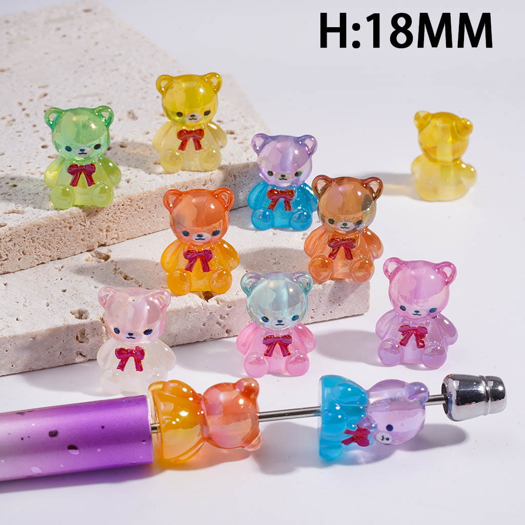 Acrylic Beads UV Coating Bear with Red Bowtie on Chest, Height 18MM, Translucent, Random Mix