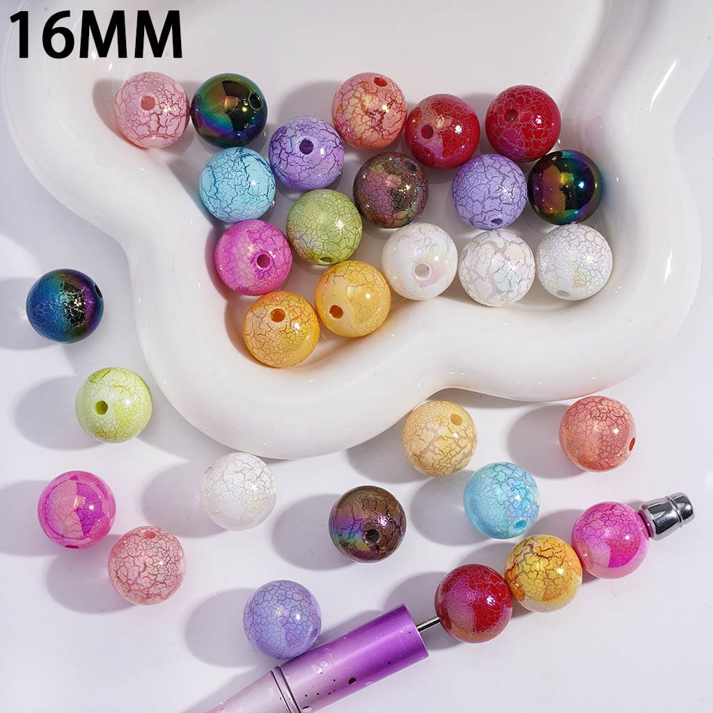 Acrylic Beads for Bracelets UV Coating with Crackle Texture, 16MM, Multi-Color, Random Mix