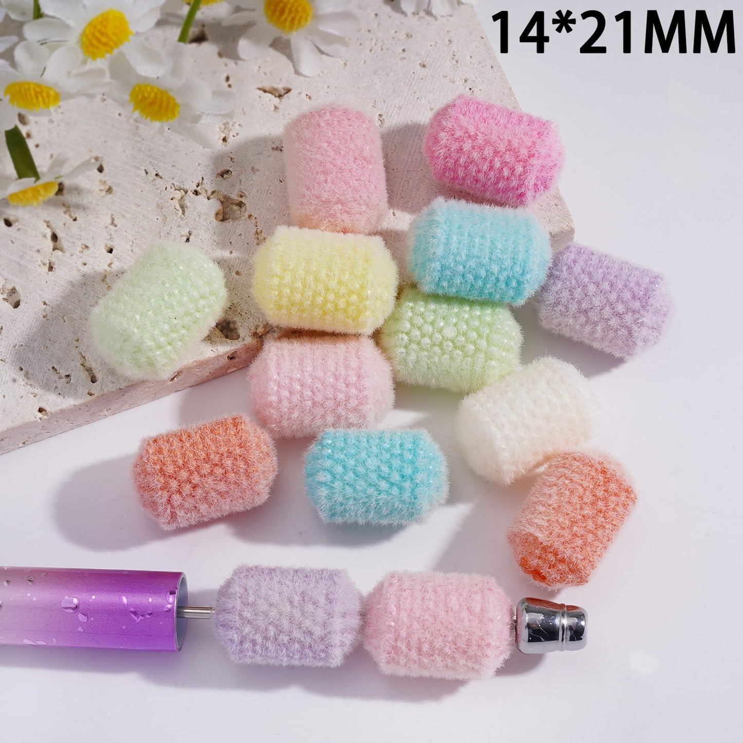 Acrylic Beads Flocked Long Lantern with Mulberry Texture, 14*21MM, Multi-Color, Random Mix