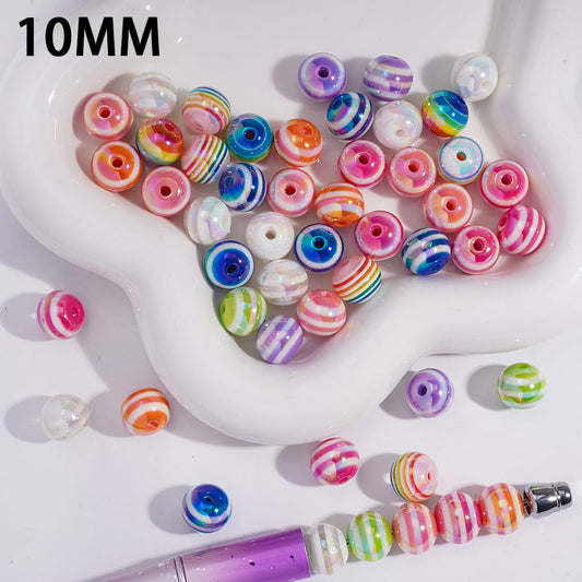 Acrylic Beads for Bracelets UV Coating with Candy Stripes Texture, 10MM, Oblate, Random Mix