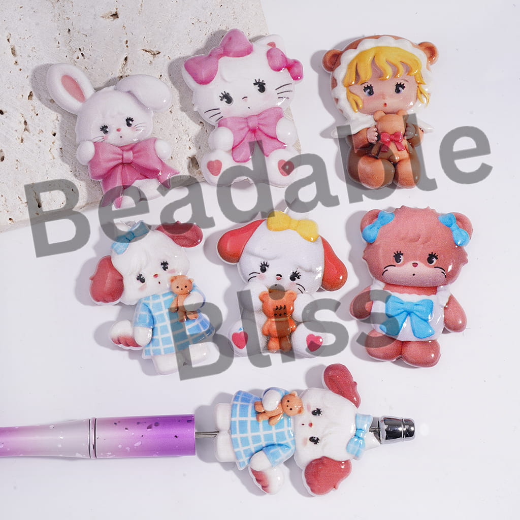 Acrylic Beads Glossy Concavo-Convex Animal Bunny Kitten Bear Puppy, Random Mix