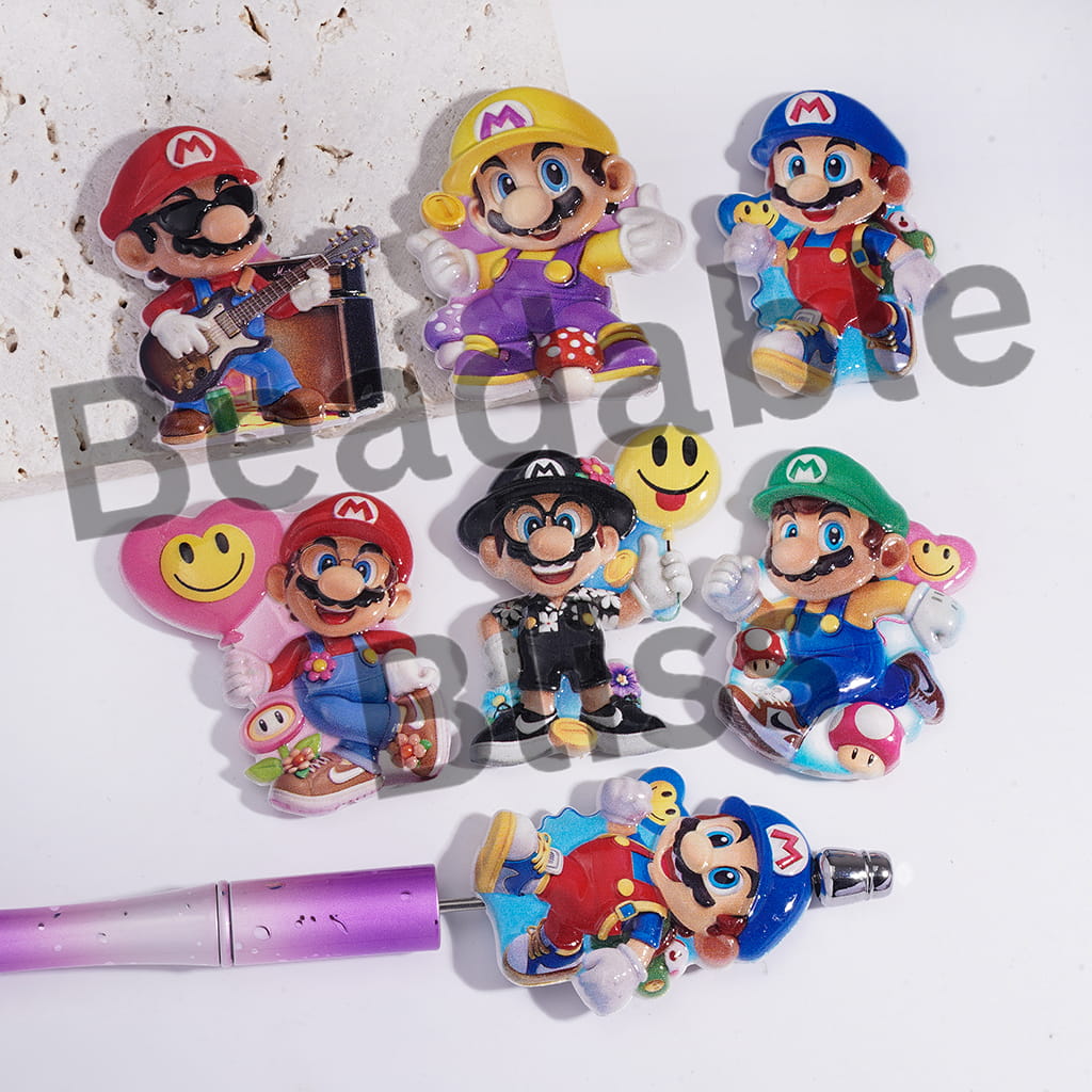 Acrylic Beads Concavo-Convex Glossy Plumber Character in Assorted Outfits, Random Mix