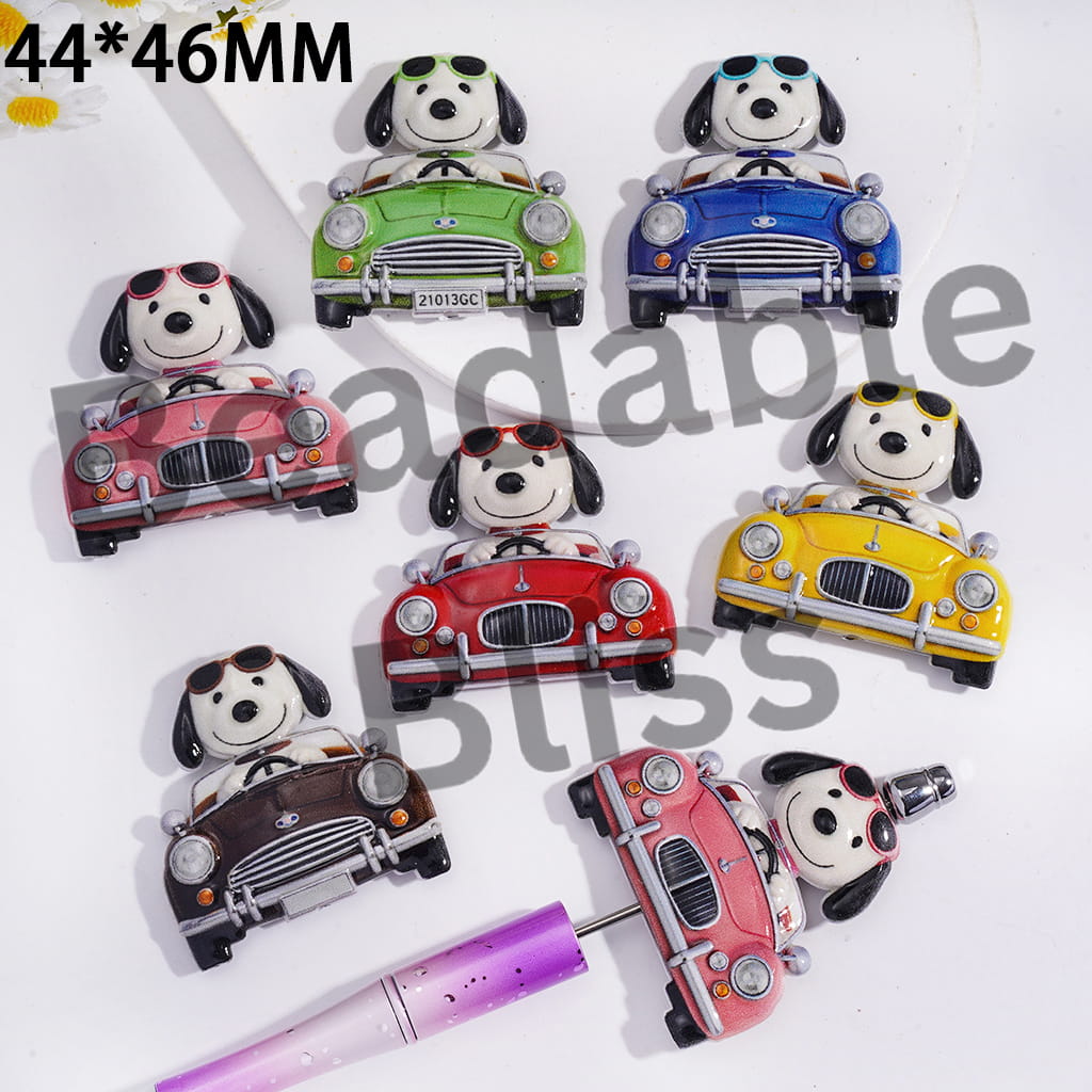 Acrylic Beads Concavo-Convex Beagle Dog With Sun Glasses Drive Car, 44*46MM, Random Mix
