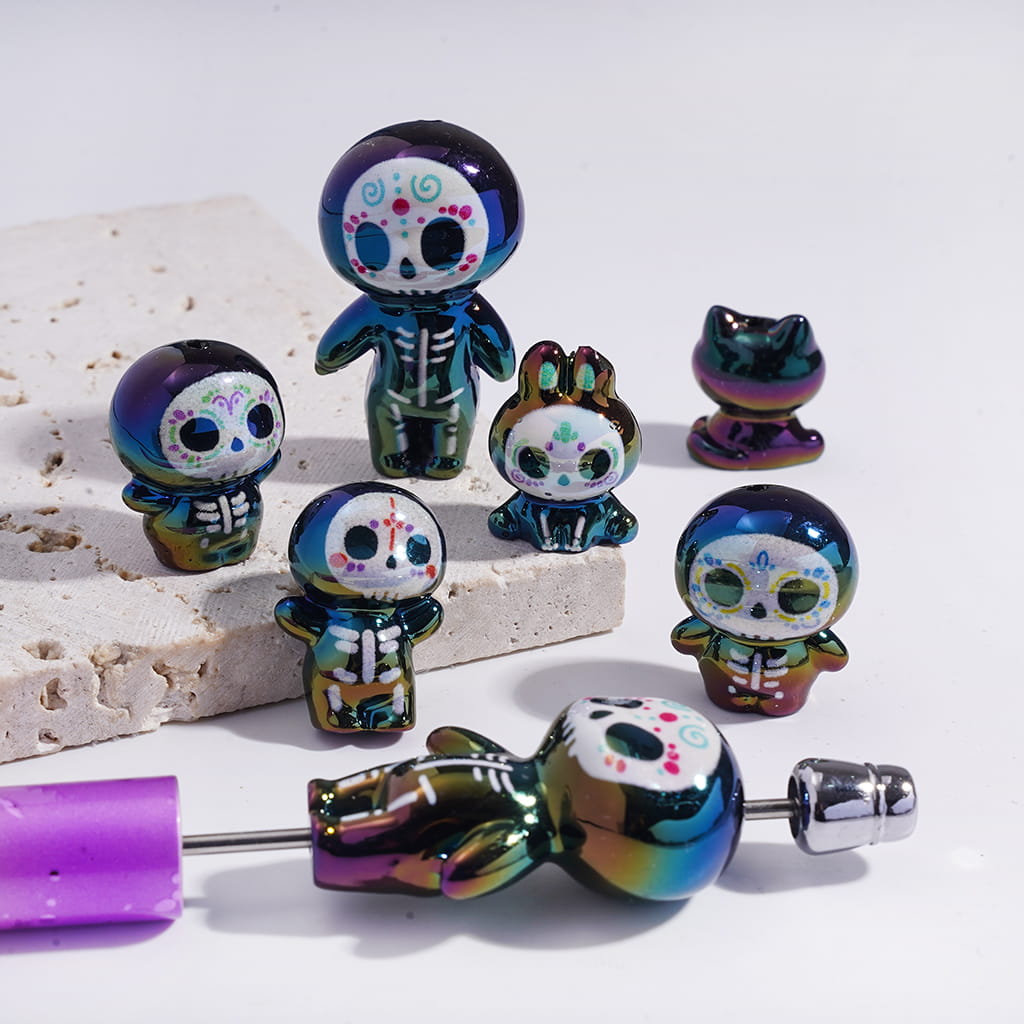 Acrylic Beads UV Coating Cute Mini Skeleton Baby in Day of the Dead Theme, Random Mix