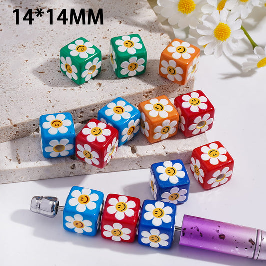 Acrylic Beads Cube Square Shape with Smiling Flowers, 14*14MM, Multi-Color, Random Mix