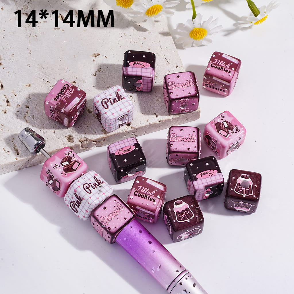 Acrylic Beads Cube Square Shape with Sweet Filled Cookies, 14*14MM, Black Pink, Random Mix