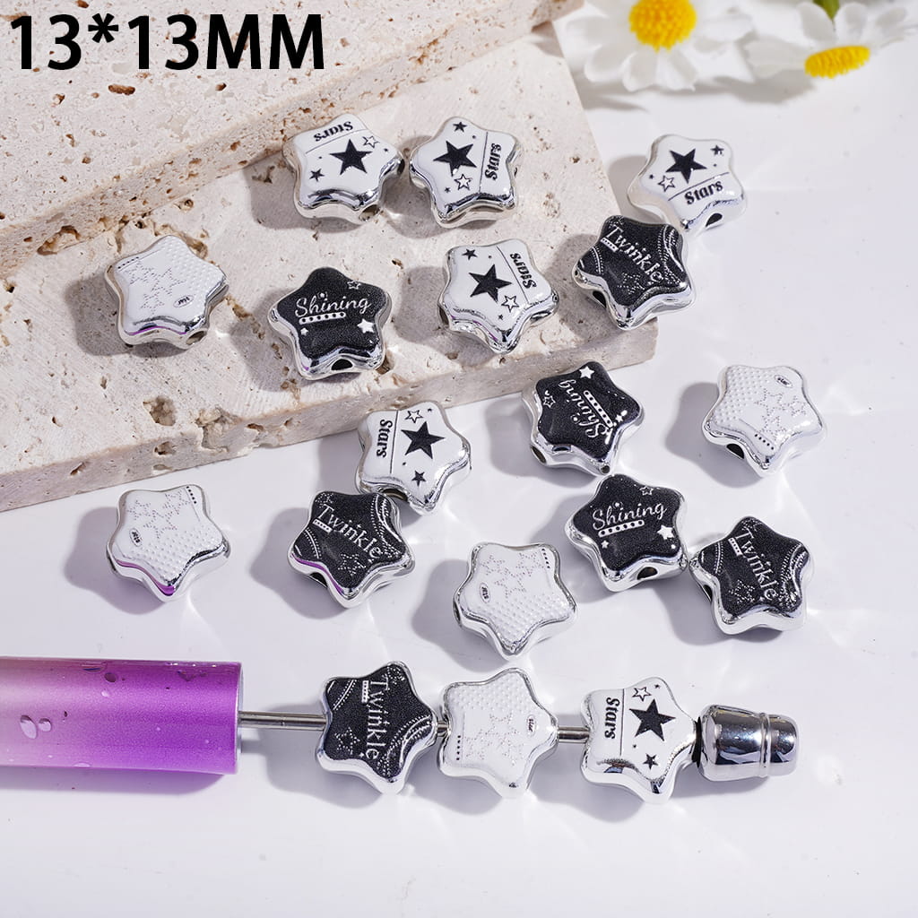 Acrylic Beads Star with Text "Twinkle Shining Stars", 13*13MM, Random Mix