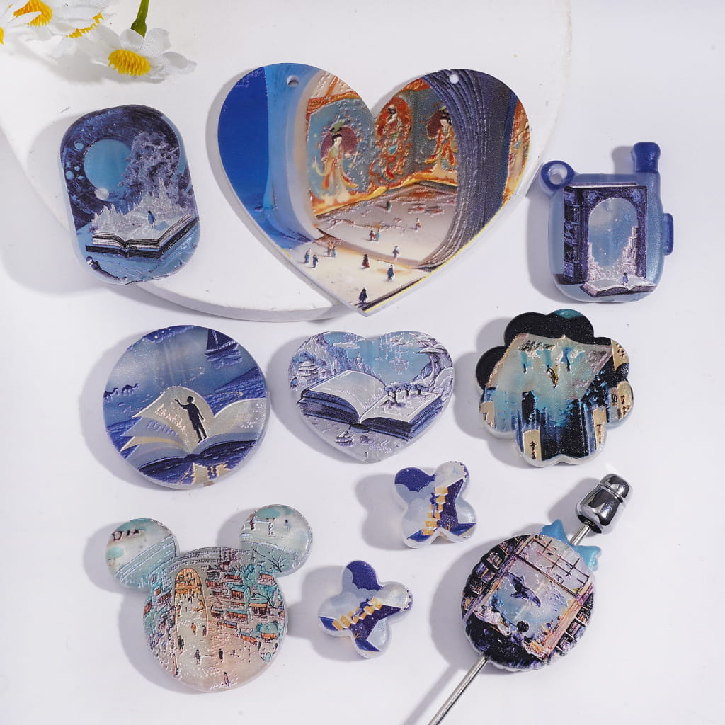 Acrylic Beads Pendant with Chinese Dunhuang and Book Blue Series, Random Mix
