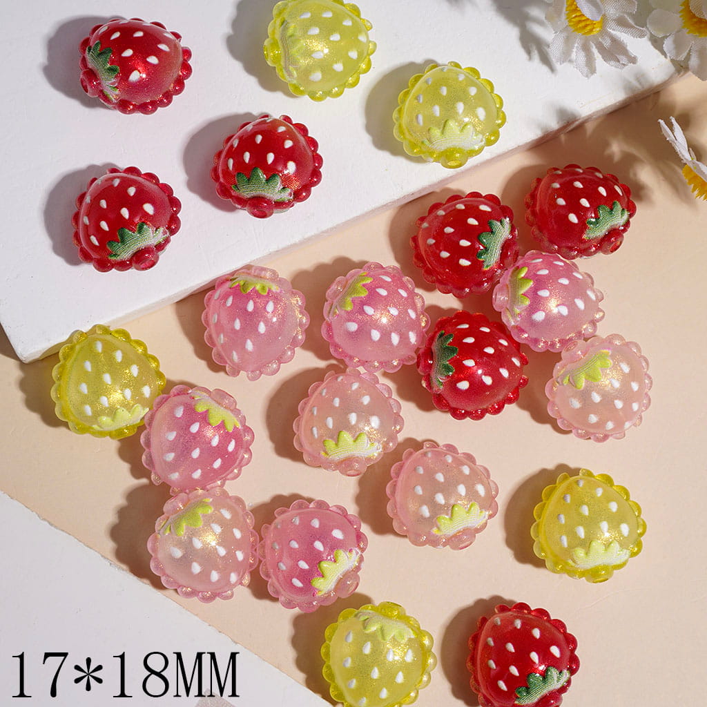 Acrylic Beads Strawberry Series with Gold Glitter & Wavy Edge, 17*18MM Random Mix Multi-Color