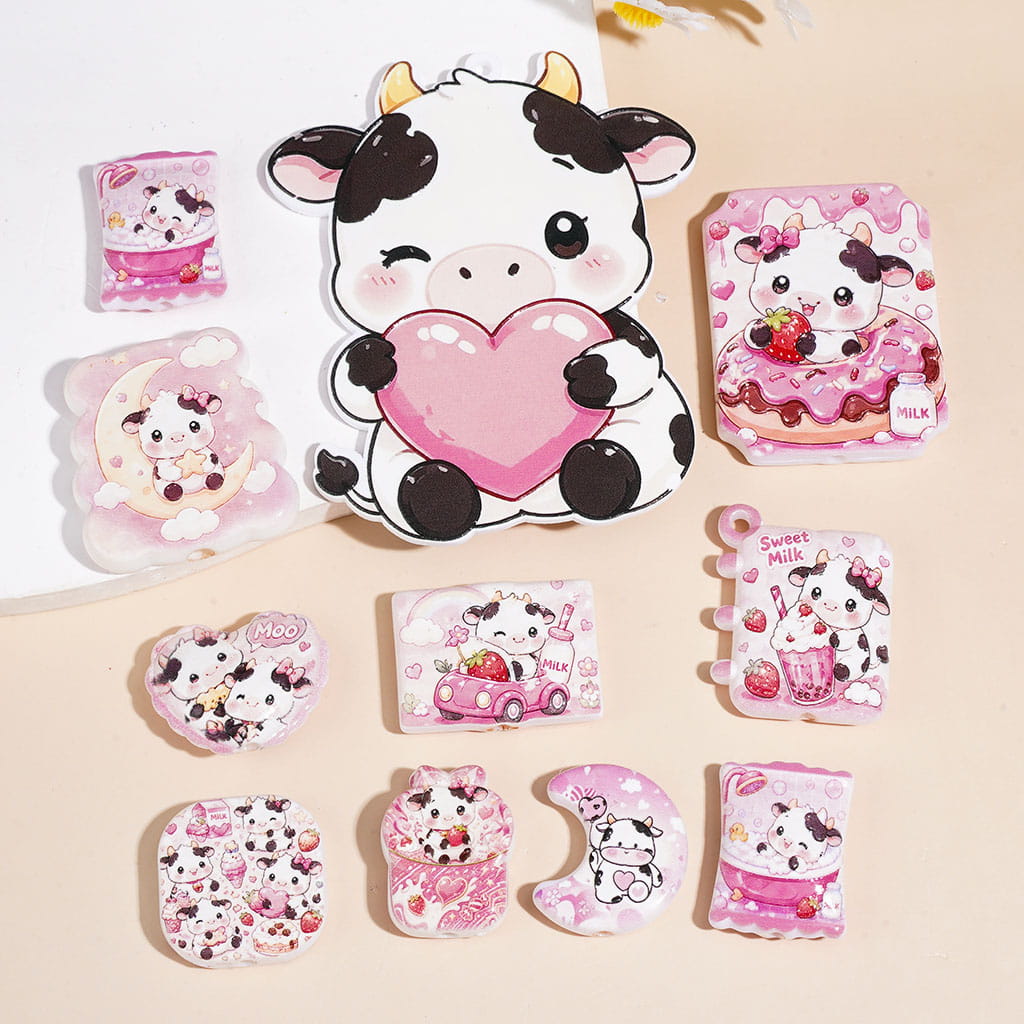 Acrylic Beads and Pendants Dairy Cattle and Strawberry in Food Theme, Pink Series, Random Mix