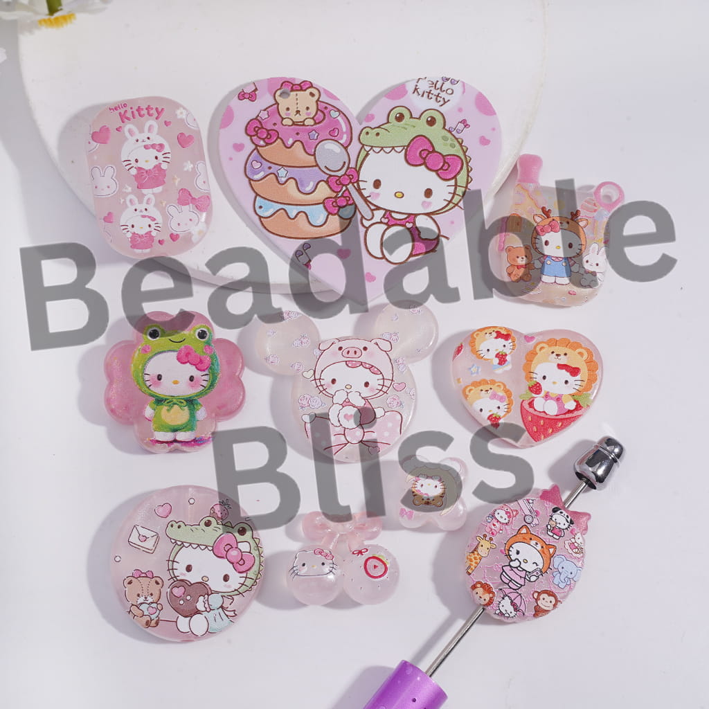 Acrylic Beads Pendant with Cute Cat Character in Various Costume, Pink Series, Random Mix