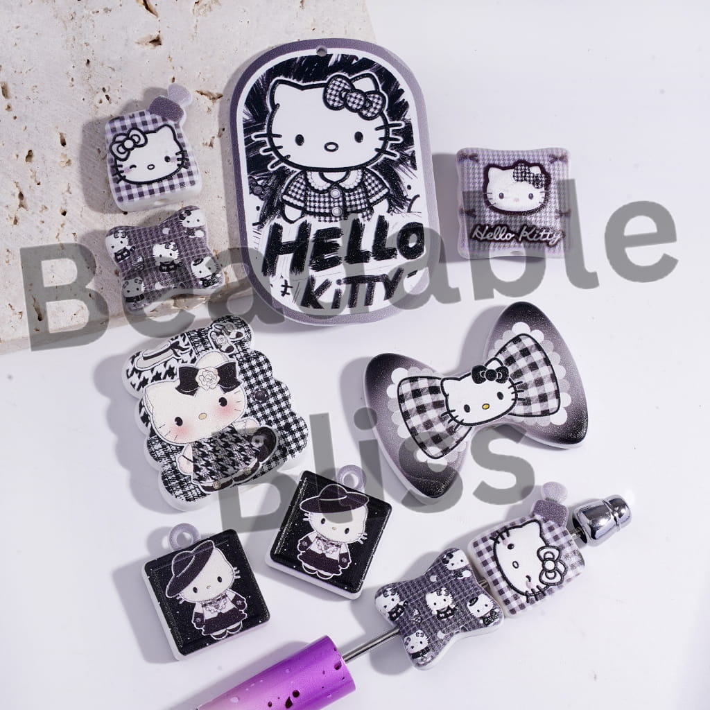 Acrylic Beads Pendant with Cute Cat Character Black Series, Random Mix