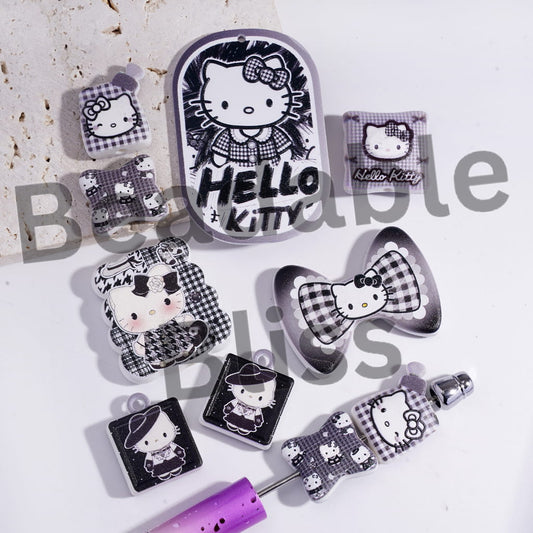 Acrylic Beads Pendant with Cute Cat Character Black Series, Random Mix