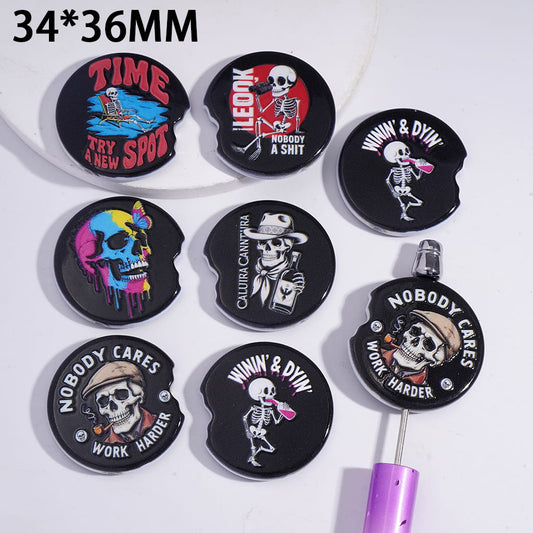 Acrylic Beads Bitten Biscuit Shaped with Skeleton Prints, 34*36MM, Random Mix