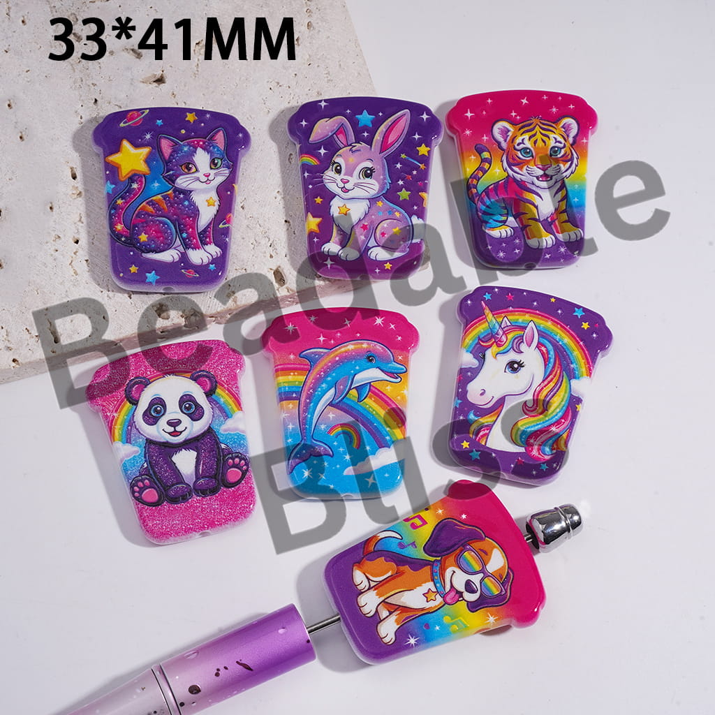 Acrylic Cup Beads with Brightly Colored Animal Theme Prints, 33*41MM, Random Mix
