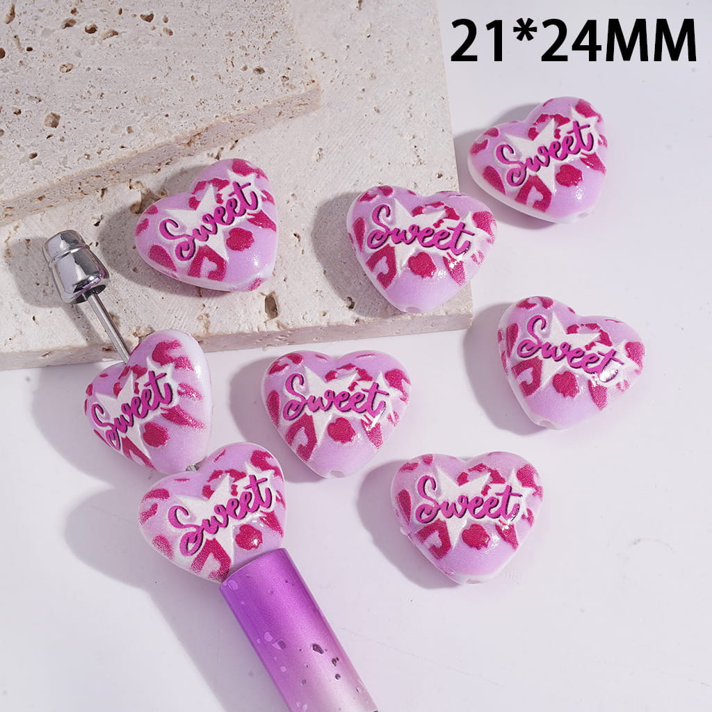 Acrylic Heart Beads with Text "Sweet" and Rose Red Leopard Prints, 21*24MM