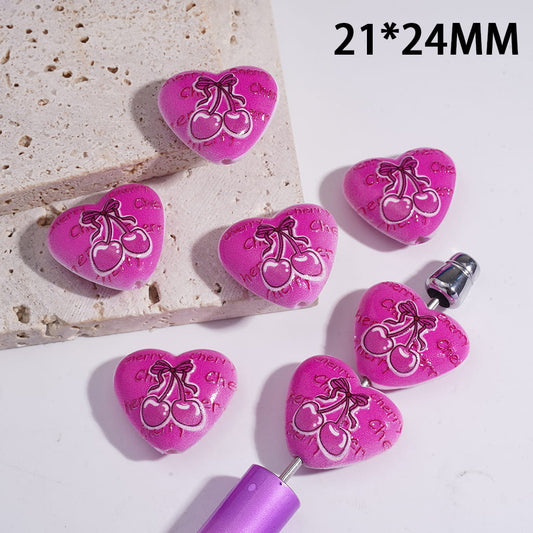 Acrylic Heart Beads with Text "Cherry" and Rose Red Cherry Prints, 21*24MM
