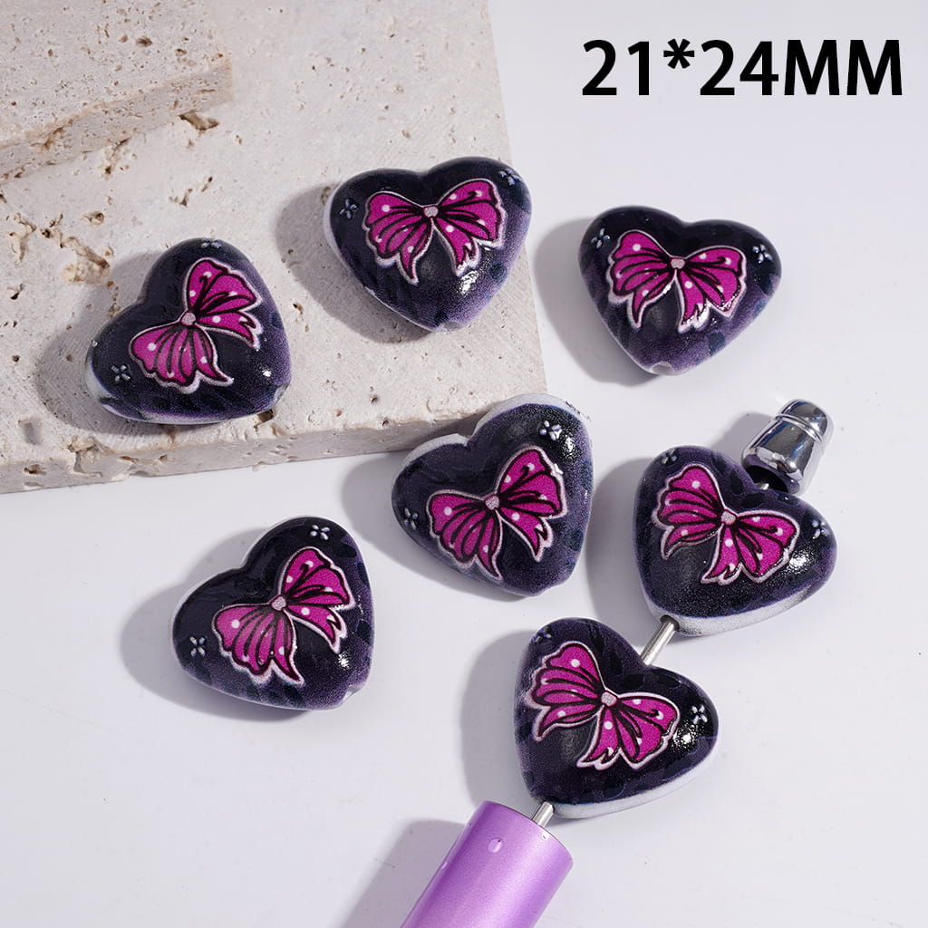Acrylic Heart Beads with Bowtie on Black Background, 21*24MM