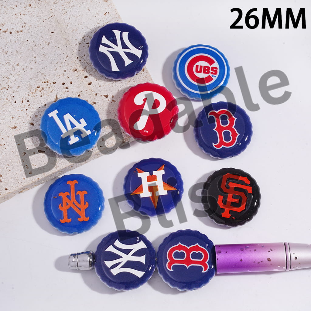 Acrylic Beer Cap Beads with Baseball Series Prints, 26MM, Random Mix