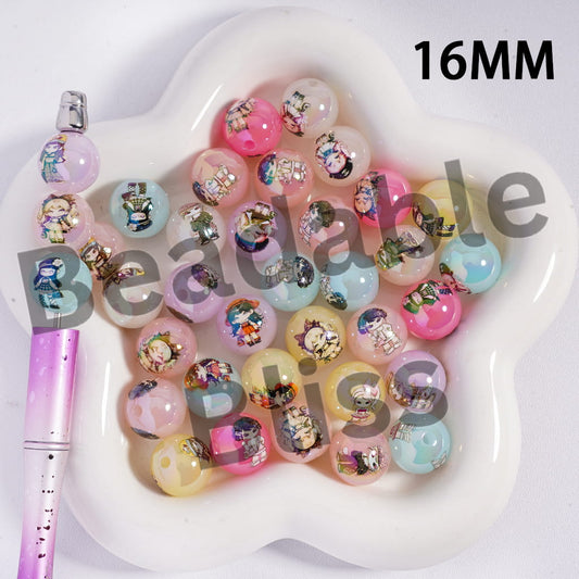 Acrylic Beads for Bracelets UV Coating with Fashion Girl in Various Clothes, 16MM, Candy Color, Random Mix