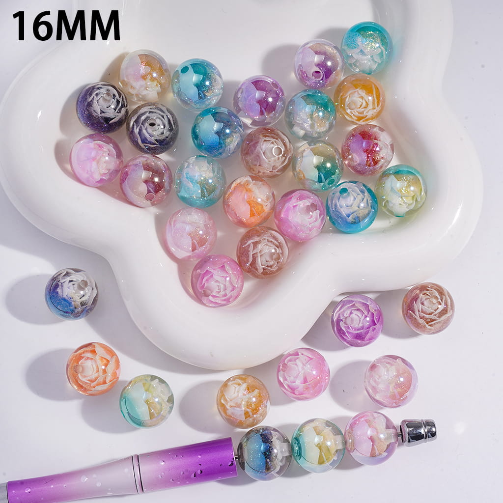 Acrylic Beads for Bracelets UV Coating with Shiny Peony Flower, 16MM, Random Mix