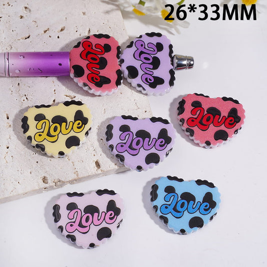 Acrylic Beads Wavy Heart with Text "LOVE" and Cow Prints, 26*33MM, Multi-Color, Random Mix