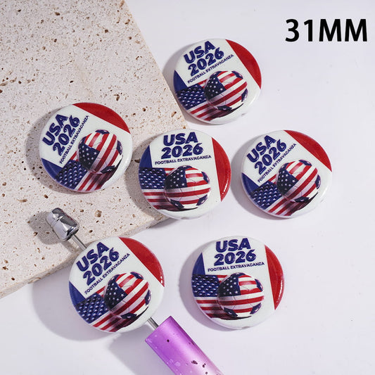 Acrylic Beads with Text "USA 2026 FOOTBALL EXTRAVAGANZA" and American Flag, 31MM, Flat Round Shape