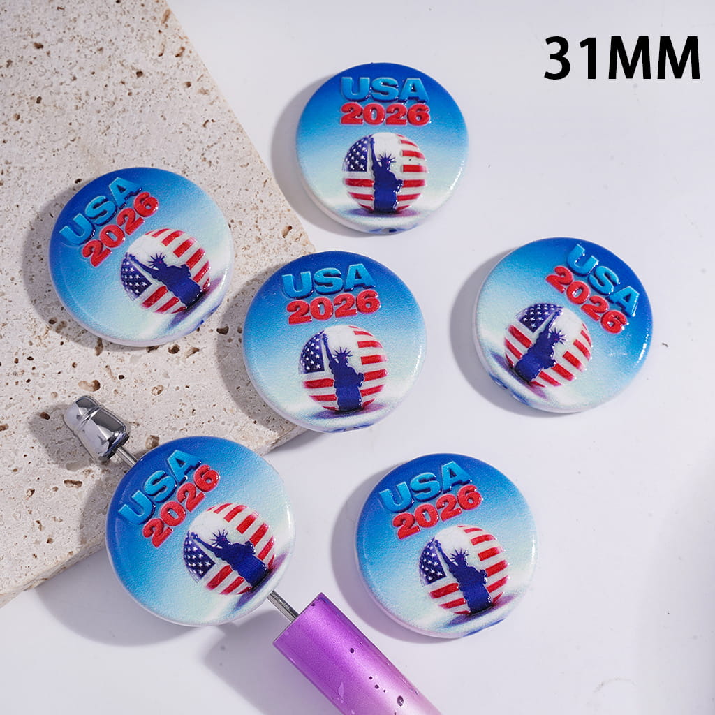 Acrylic Beads with USA 2026 Freedom Girl God Portrait Football, 31MM, Flat Round Shape
