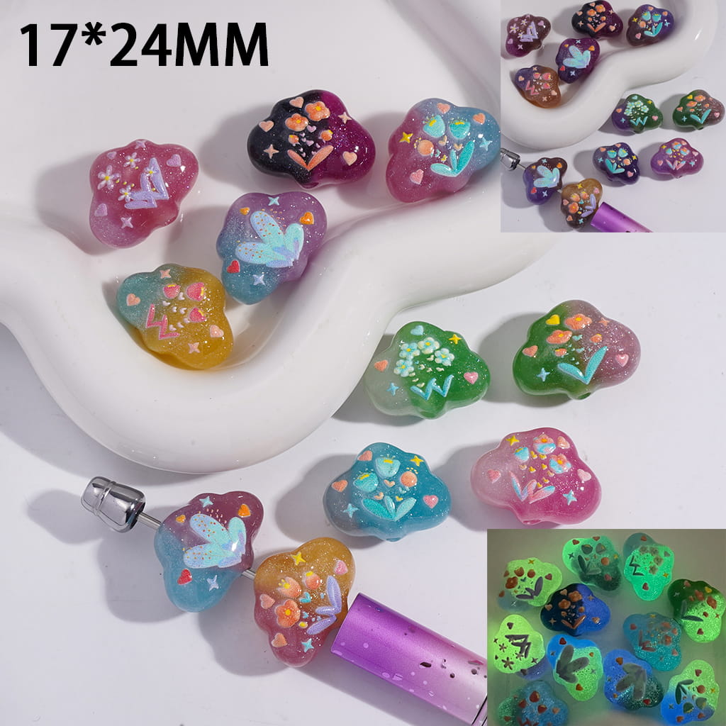 Acrylic Beads Luminous Double Color Cloud with Glitter and Hand-Painted Patterns, 17*24MM, Random Mix